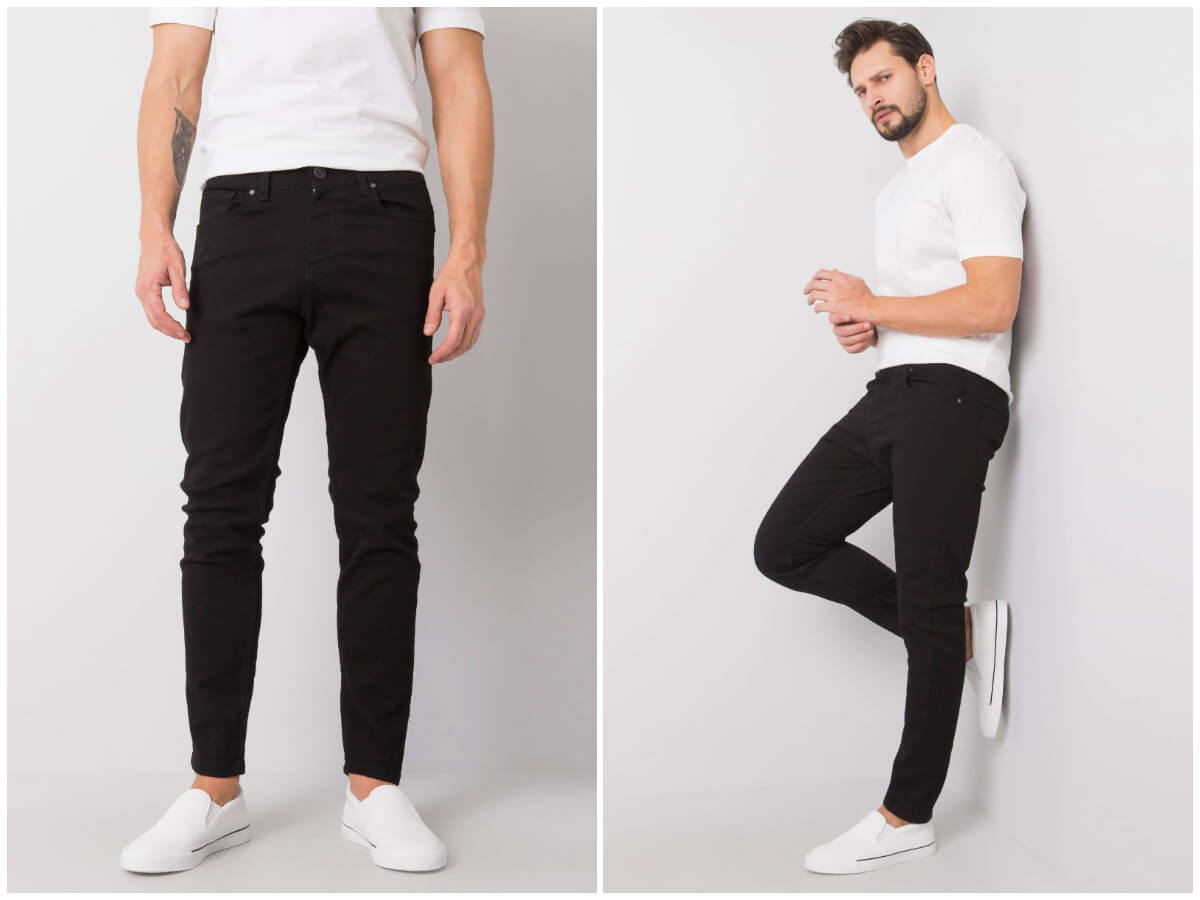 Męski basic w stylizacji - biały t-shirt i czarne spodnie z denimu