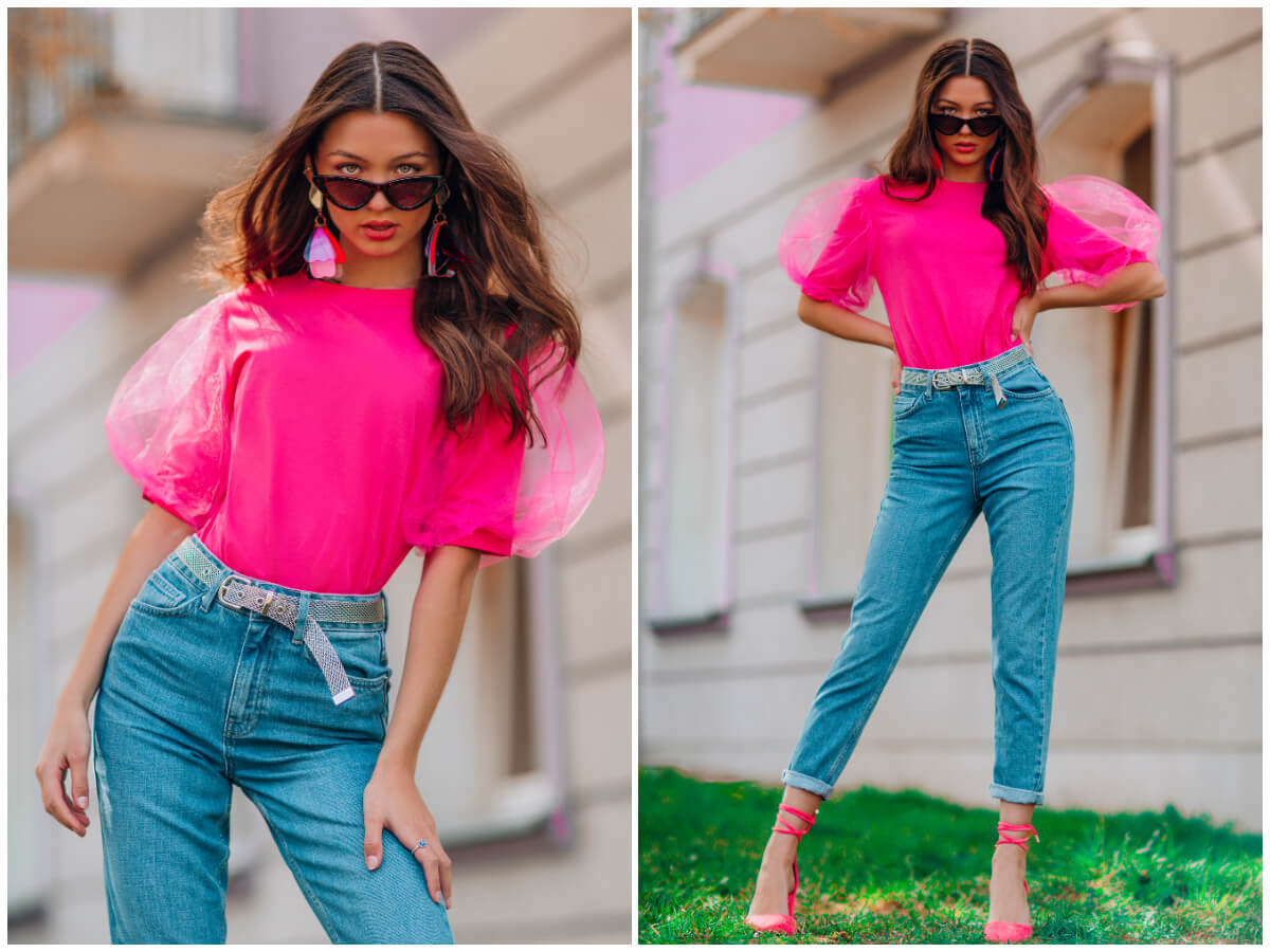 Stylizacje na wiosnę - jeansy, bluzka z bufkami i neonowe szpilki