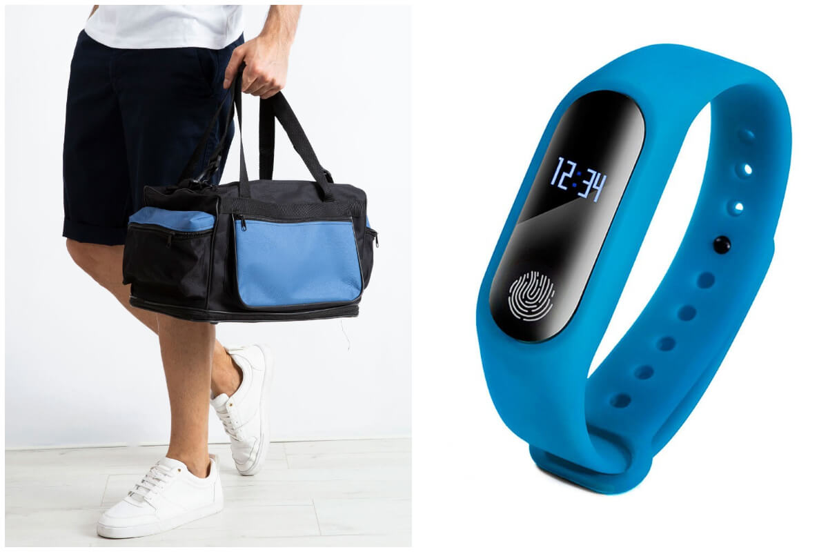 Prezenty na Dzień Ojca - materiałowa torba na trening i wodoodporny niebieski smartwatch