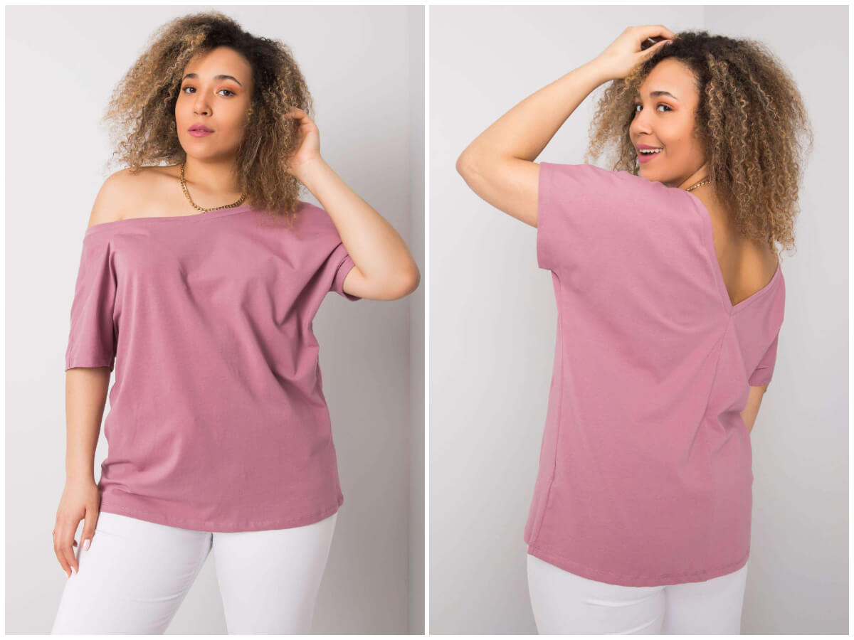 Różowy t-shirt plus size z odkrytymi ramionami 