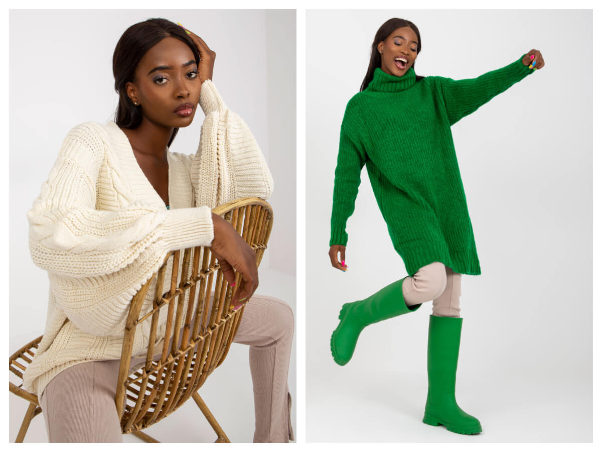 Jednokolorowe oversizowe swetry damskie długie na jesień hurtowo