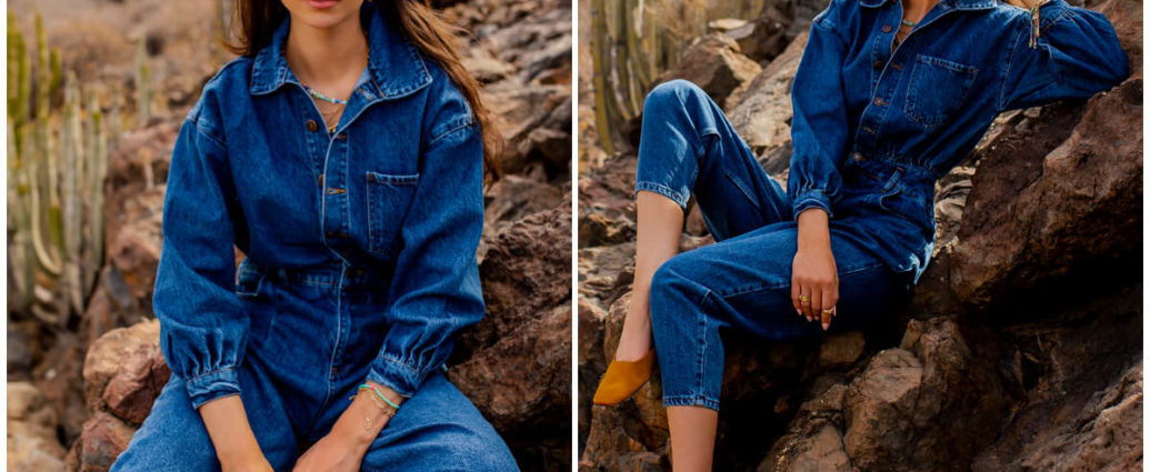 Kolekcja jeans - ciemnoniebieski jeansowy kombinezon w letniej stylizacji