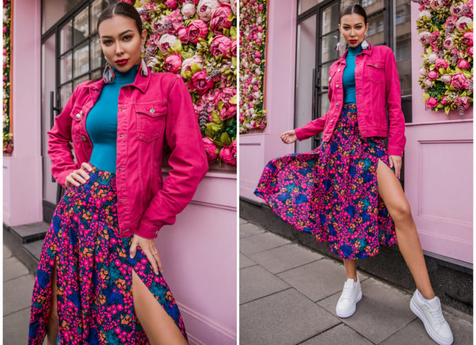 Stylizacje na wiosnę z różowymi wzorzystymi ubraniami