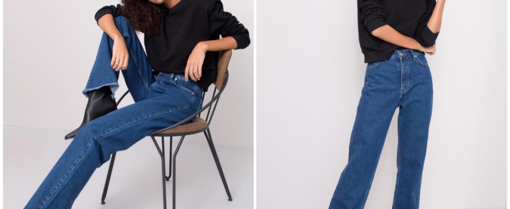 Jeansowe spodnie vintage dzwony w stylizacji z czarnym t-shirtem