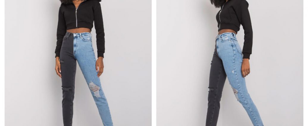Dwukolorowe spodnie jeansowe w hurcie w kolorze czarnym i niebieskim